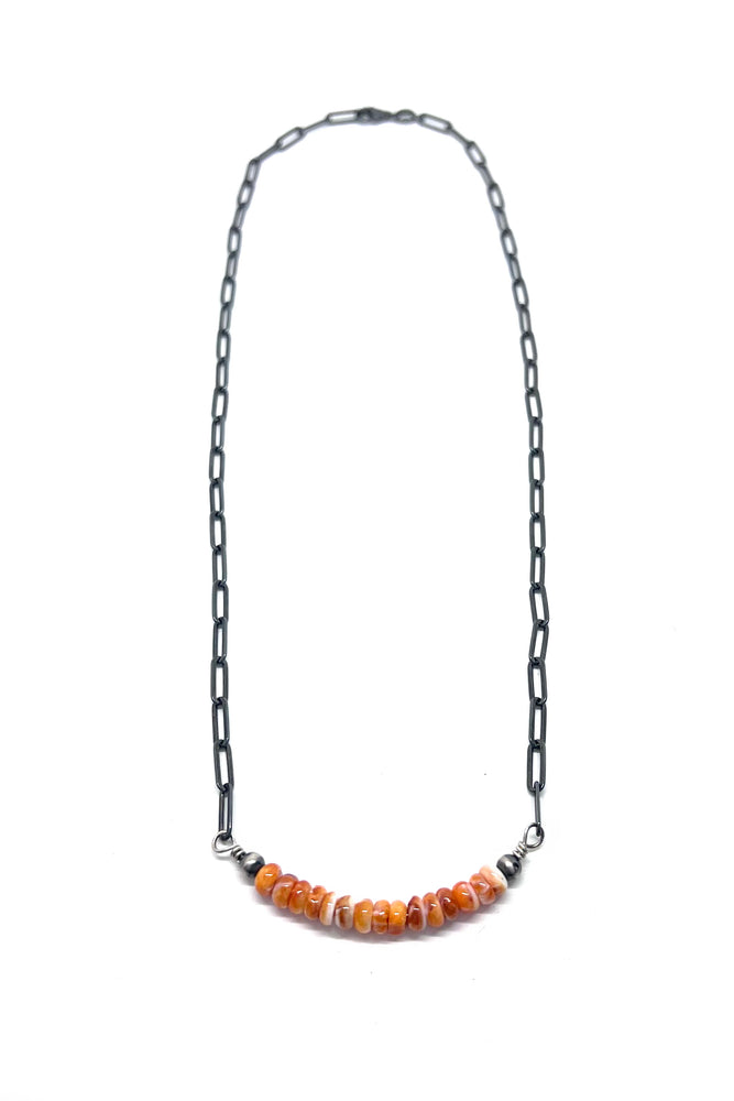 Oxidized Sterling Silver and Orange Spiny Shell Bead Necklace