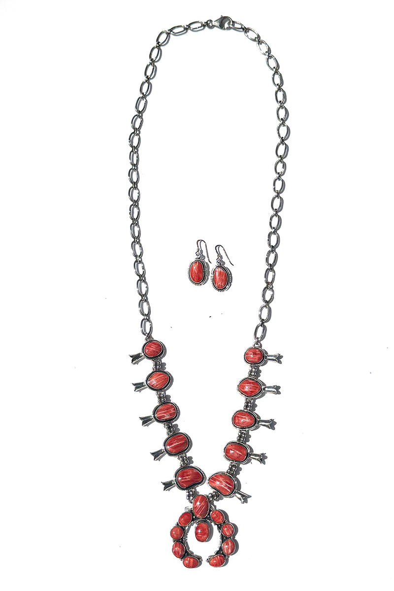 Navajo Red Spiny Oyster Squash Blossom Necklace- Sterling Silver