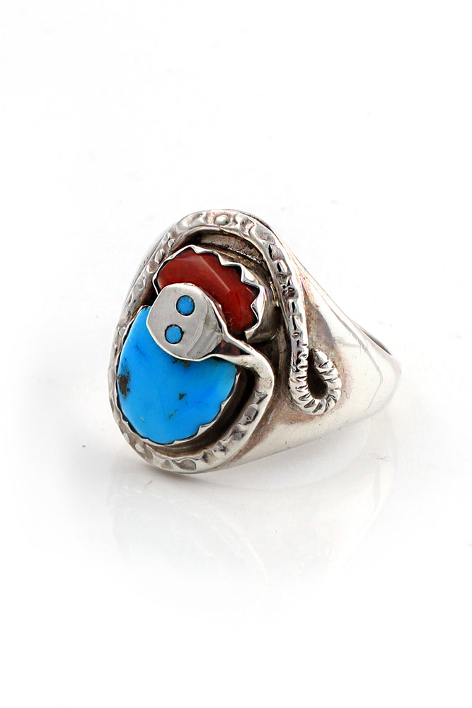 Effie Calavasa Turquoise and Coral Snake Ring (Size 11 ¾)