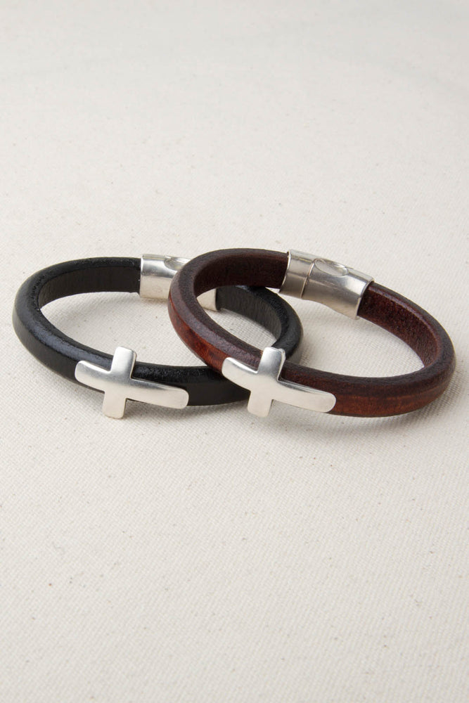 Brown Italian Leather Station Bracelet with Cross Accent
