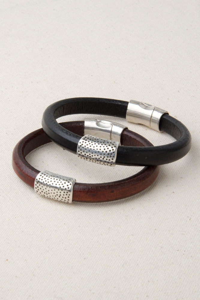 Black Italian Leather Station Bracelet with "Cheetah" Pewter Accent
