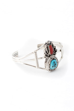Traditional Navajo Coral and Turquoise Cuff Bracelet