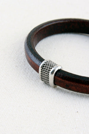 Brown Italian Leather Station Bracelet with "Caviar" Pewter Accent