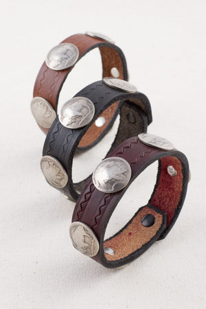 Dark Brown Buffalo Nickel Leather Snap Bracelet (Narrow)