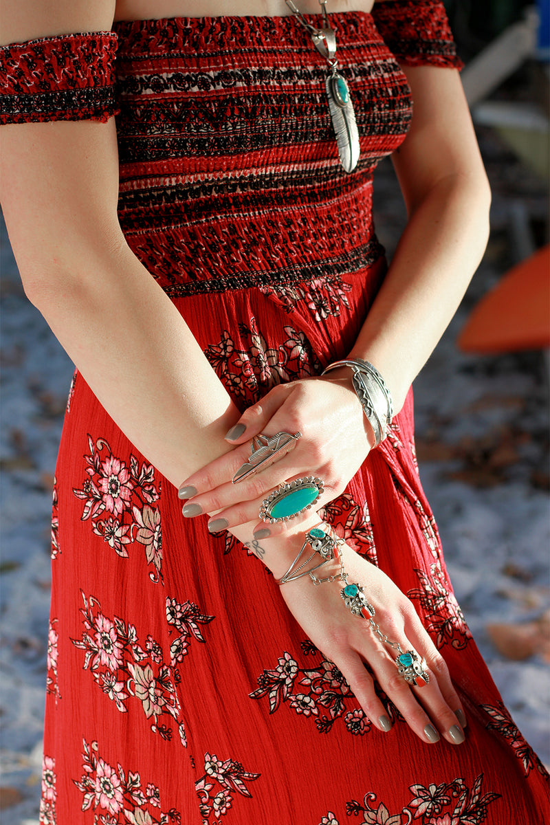 Max Calavaza Turquoise and Coral Hand Chain Bracelet – Silver