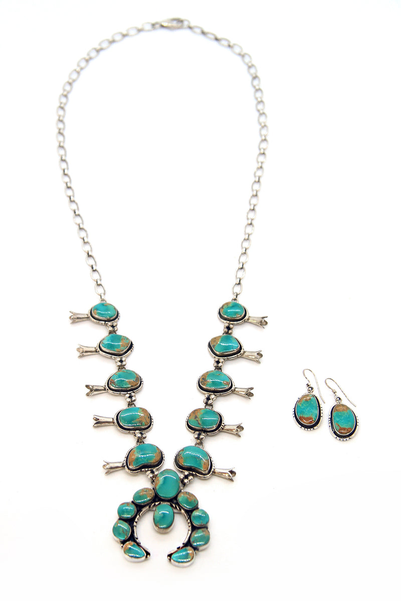 Royston Turquoise Squash Blossom Necklace with Earrings Silver Eagle