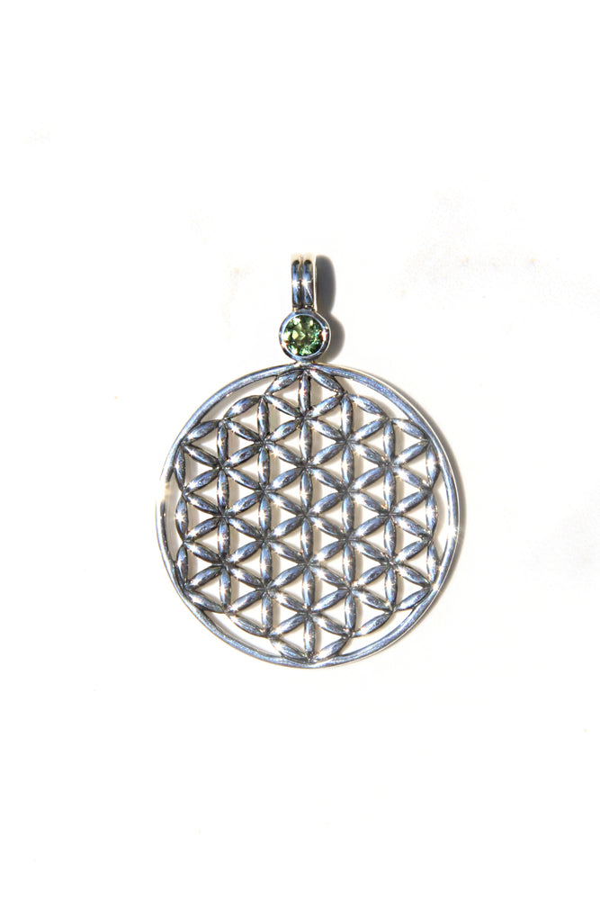 Moldavite Flower of Life Sterling Silver Pendant