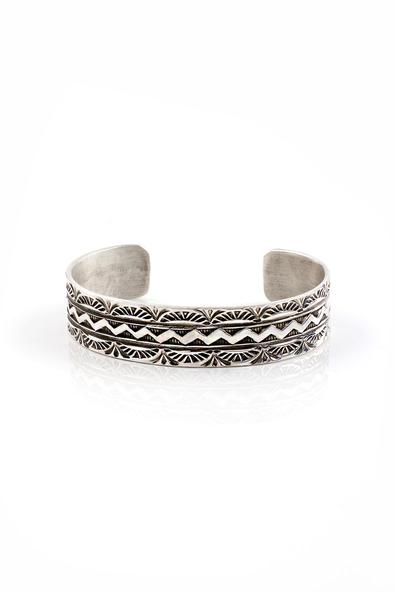 Item #913R- XLG Wide Navajo Stamped Symbols Repousse Sterling Silver Cuff  Bracelet by V&C Hale —Men's and Women's Sterling Silver and Gold Bracelets