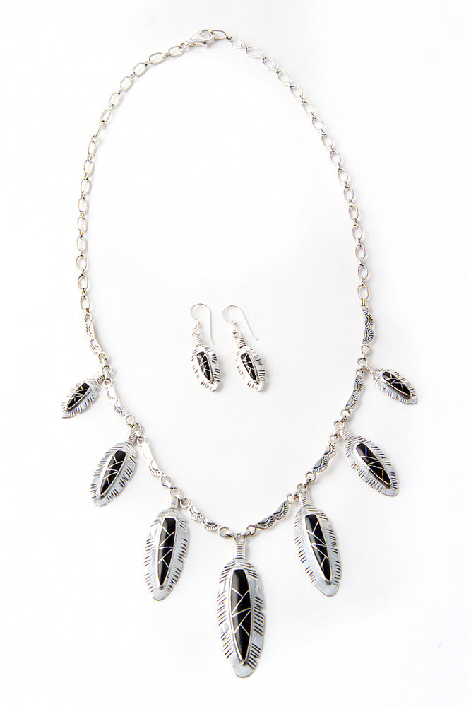 Onyx and Sterling Silver Feather Channel Inlay Necklace Set