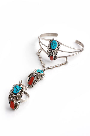 Max Calavaza Turquoise and Coral Hand Chain Bracelet