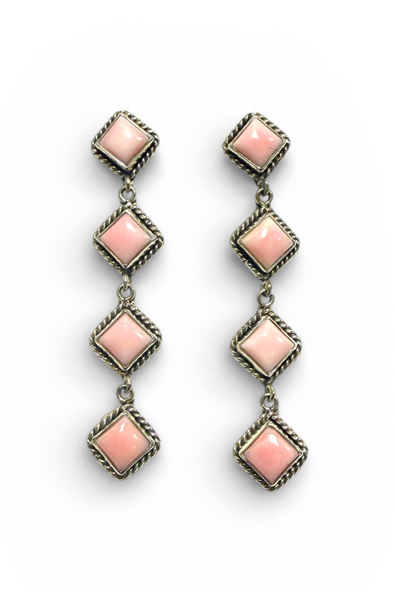 Navajo Handmade Pink Conch 4-Stone Dangle Earrings