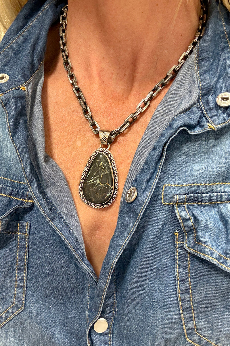 Teardrop Black Jack Turquoise Pendant – Navajo Handmade Sterling Silver