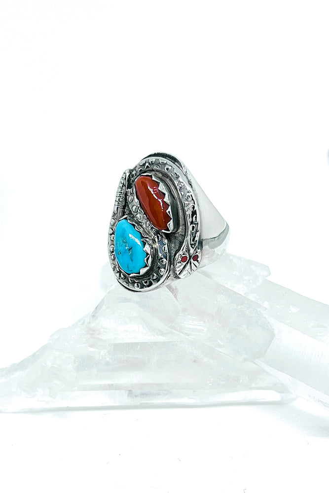Effie Calavasa Turquoise and Coral Snake Ring (Size 10 ½)
