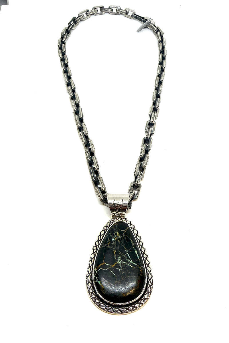 Teardrop Black Jack Turquoise Pendant – Navajo Handmade Sterling Silver