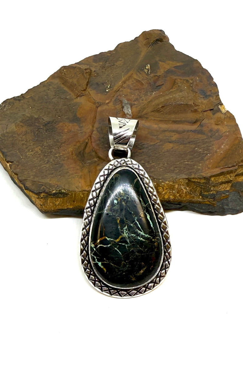 Teardrop Black Jack Turquoise Pendant – Navajo Handmade Sterling Silver