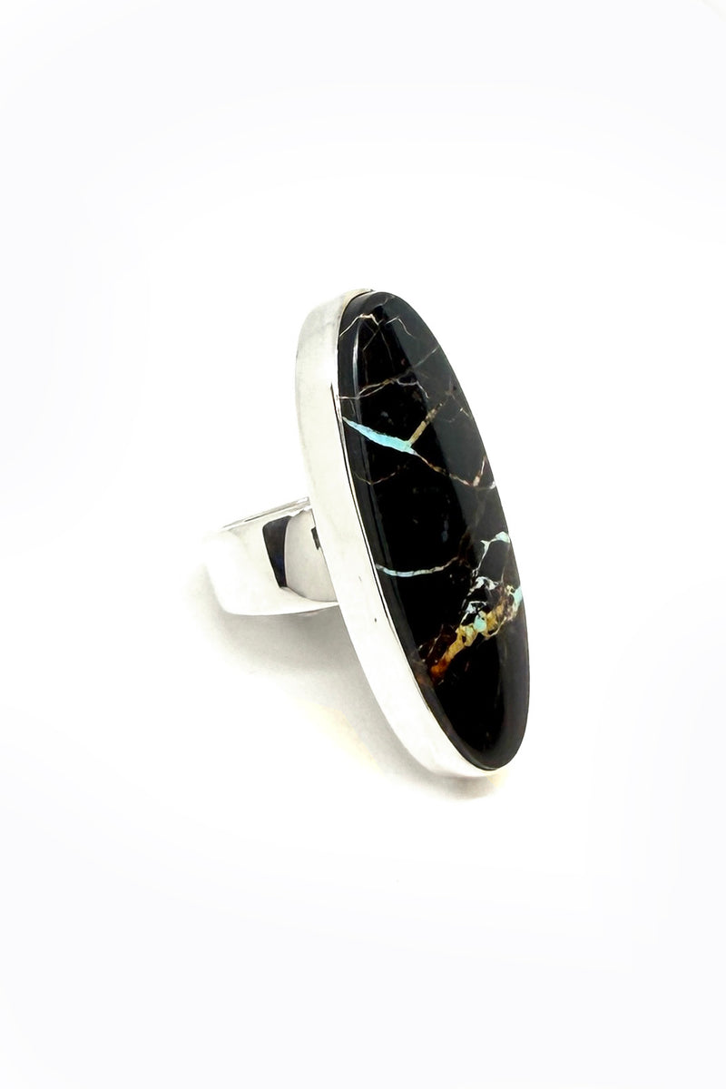 Elongated Oval Black Jack Turquoise Ring – Handmade Sterling Silver