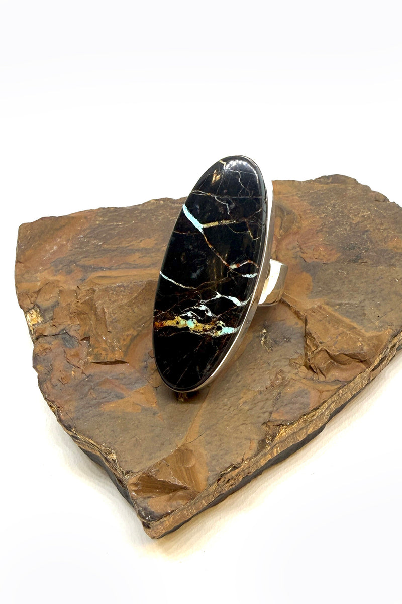 Elongated Oval Black Jack Turquoise Ring – Handmade Sterling Silver
