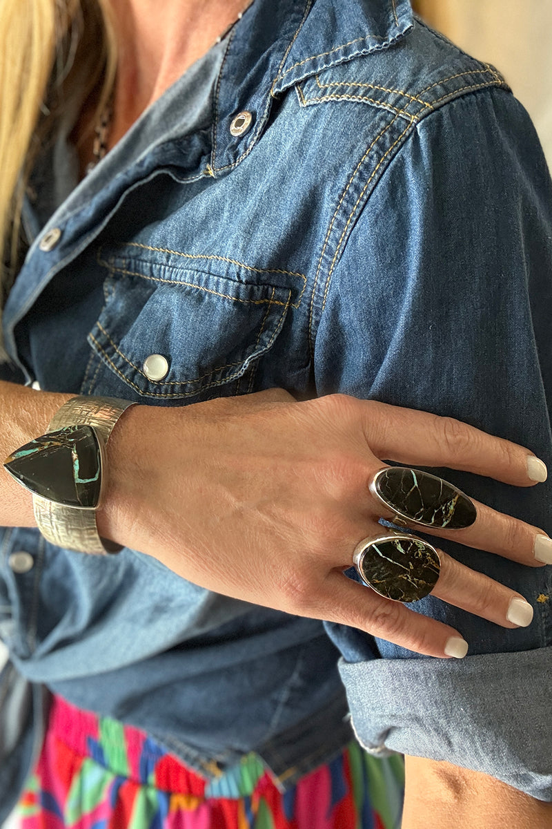 Oval Black Jack Turquoise Ring – Handmade Sterling Silver