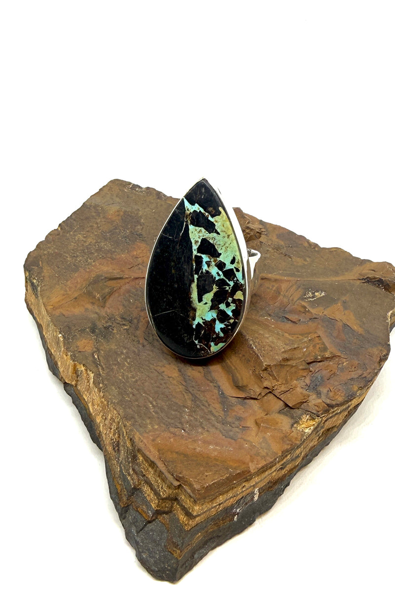 Teardrop Black Jack Turquoise Ring – Handmade Sterling Silver
