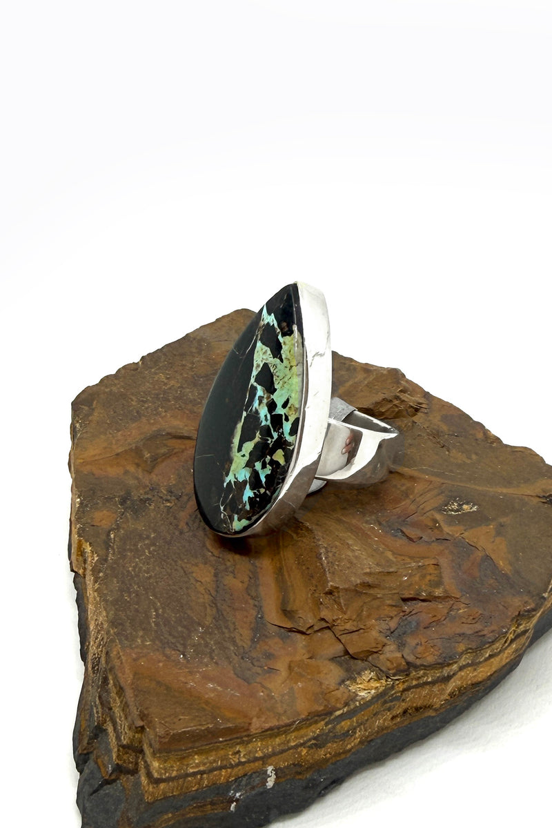 Teardrop Black Jack Turquoise Ring – Handmade Sterling Silver
