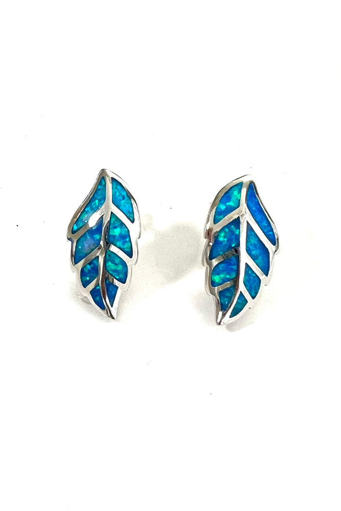 Blue Opal Leaf Inlay Sterling Silver Earrings
