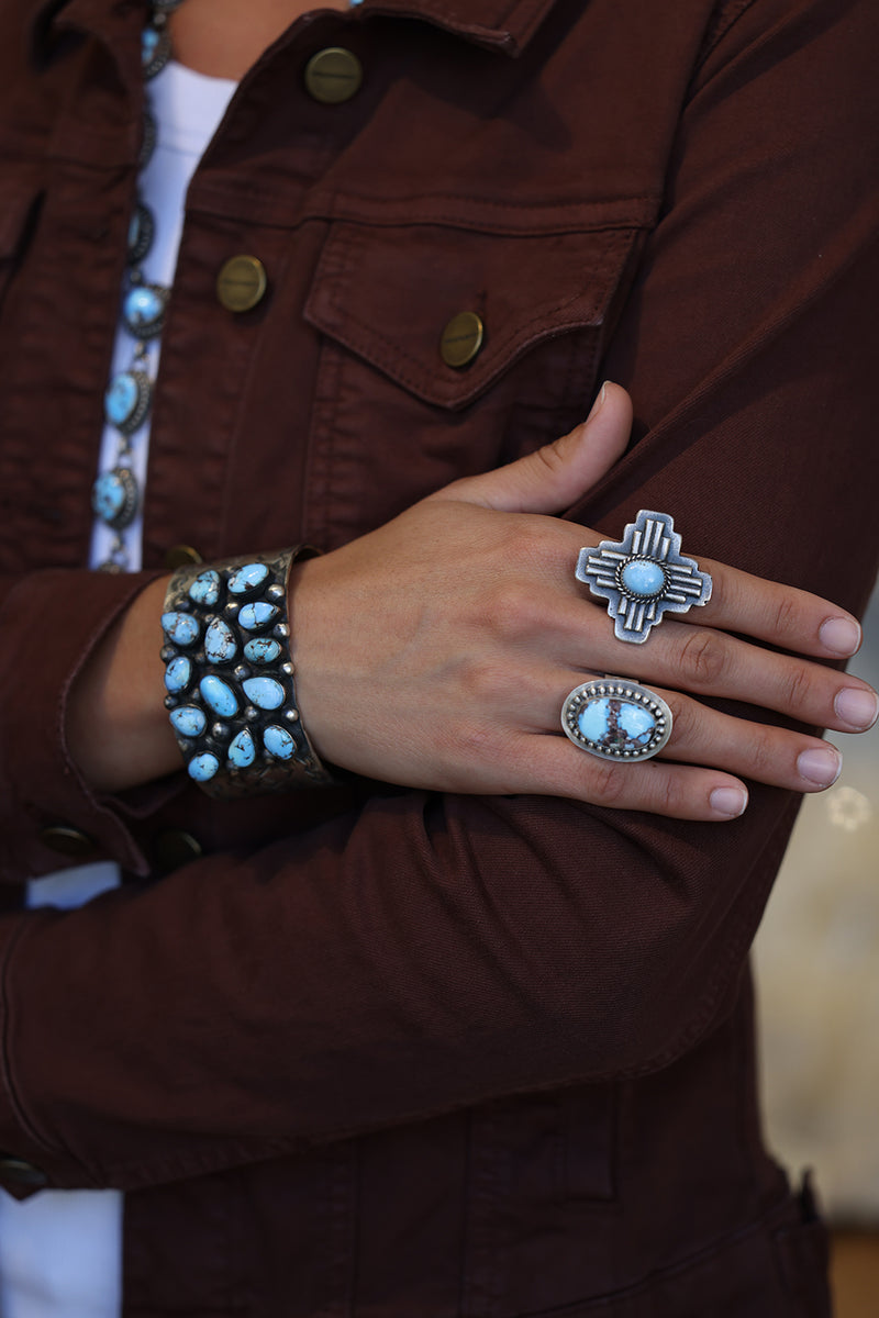 Navajo Handmade Golden Hills Turquoise Cluster Cuff Bracelet – Sterling Silver