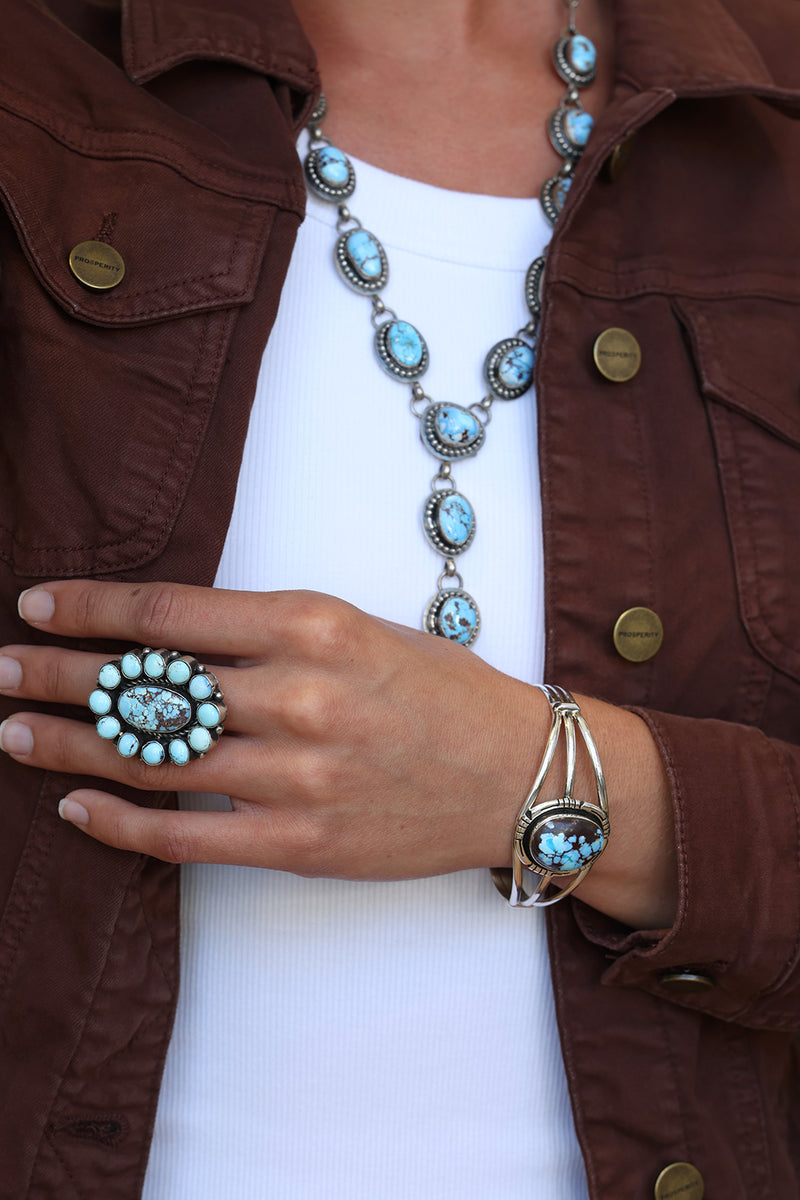 Navajo Handmade Golden Hills Turquoise Cluster Ring – Sterling Silver