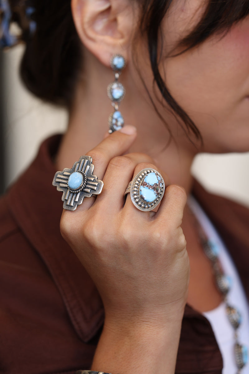 Navajo Handmade Golden Hills Turquoise Cross Ring – Sterling Silver