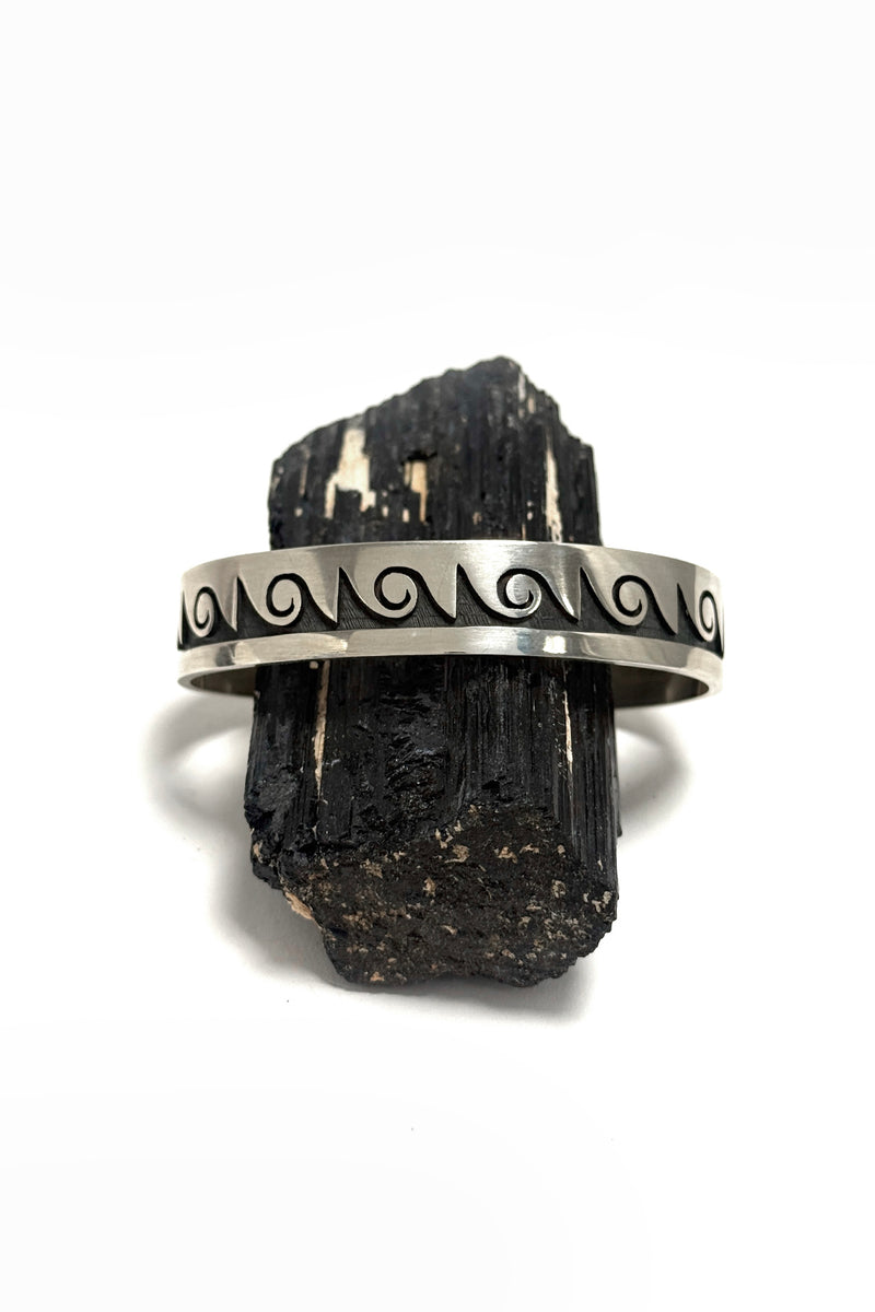 Hopi Sterling Silver Overlay Cuff Bracelet – Mountain & Wave Design