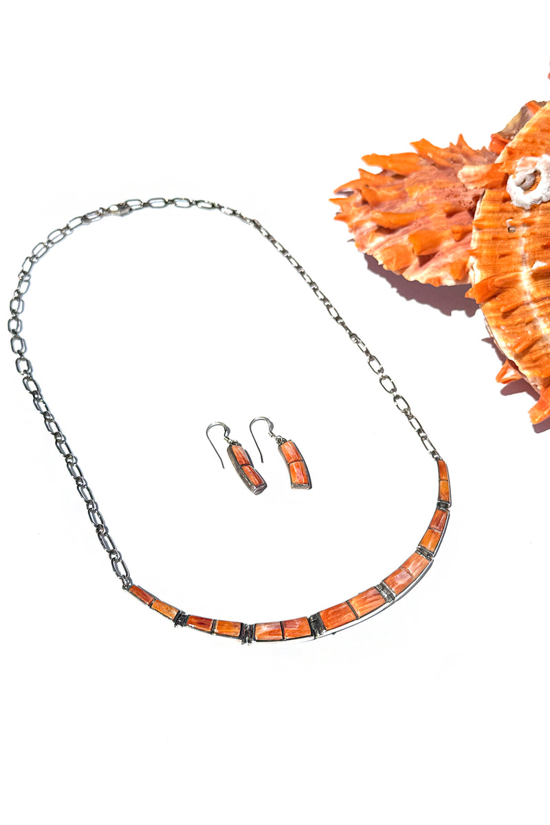 Navajo Orange Spiny Shell Necklace & Earring Set – Handmade Sterling Silver