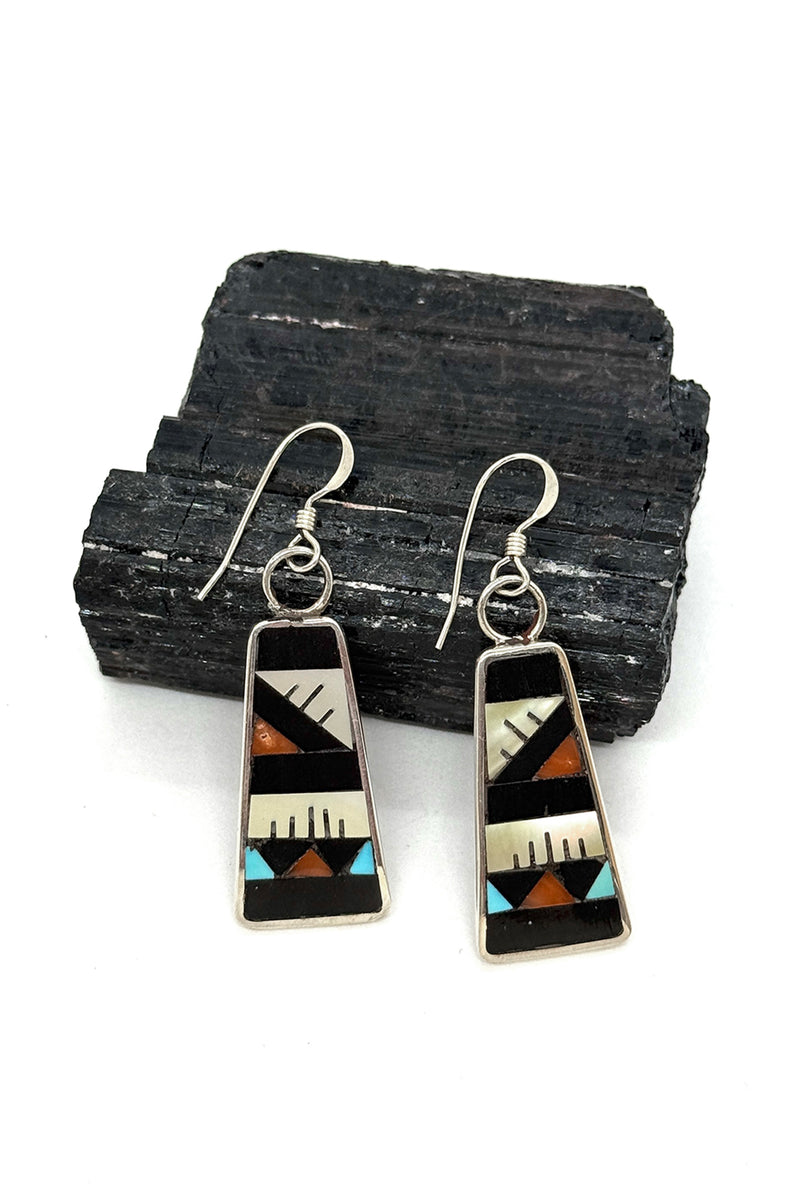 Zuni Mosaic Inlay Sterling Silver Dangle Earrings