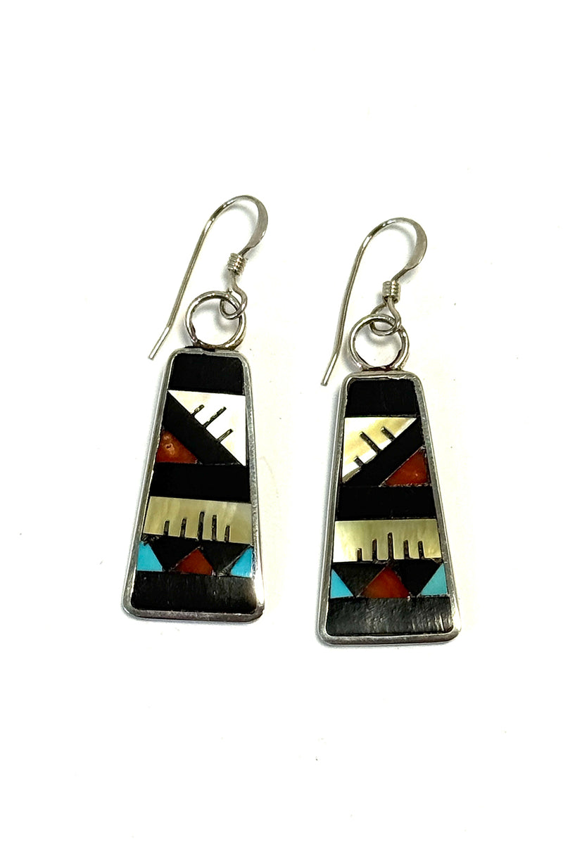 Zuni Mosaic Inlay Sterling Silver Dangle Earrings