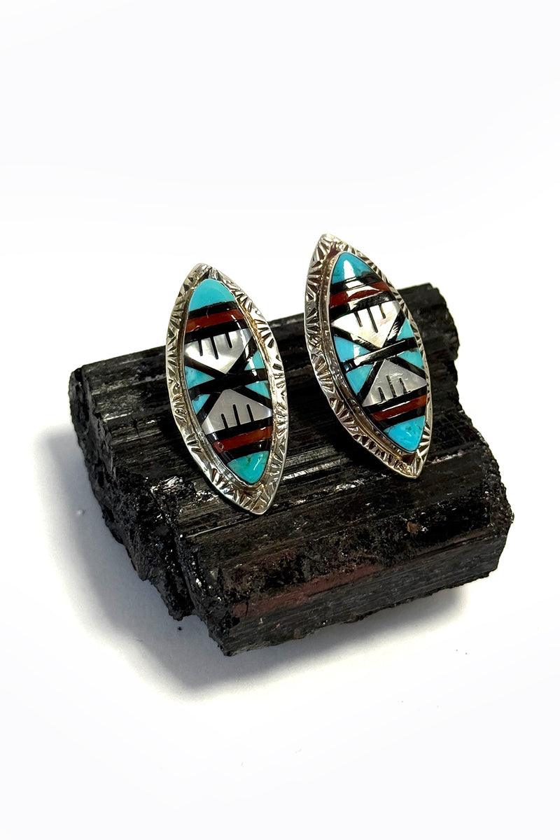 Zuni Mosaic Inlay Sterling Silver Post Earrings