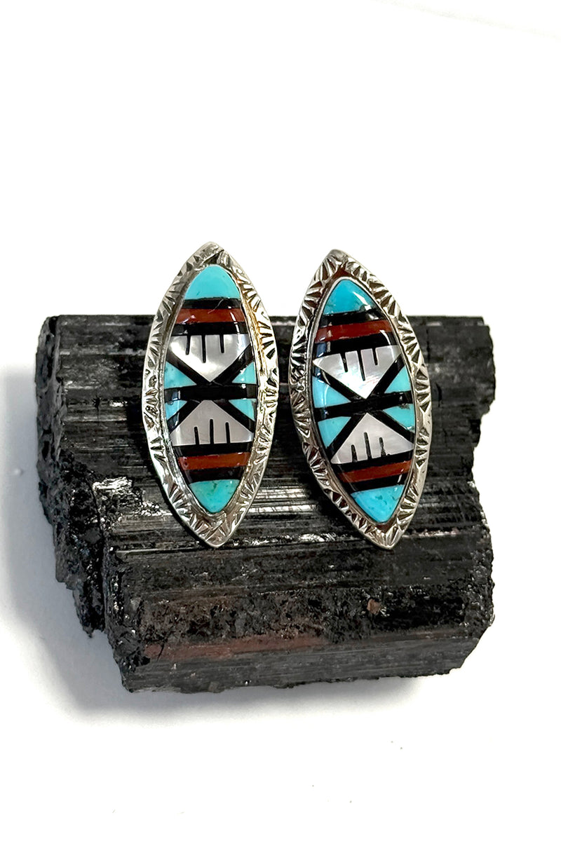 Zuni Mosaic Inlay Sterling Silver Post Earrings