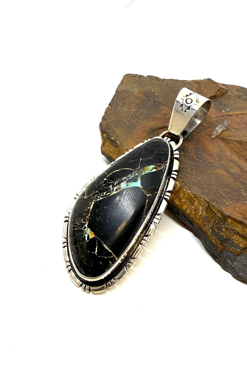 Large Black Jack Turquoise Pendant – Navajo Handmade Sterling Silver