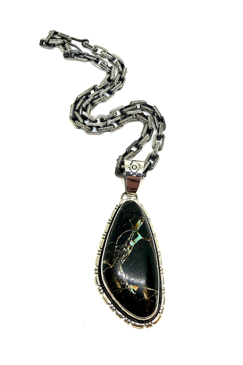 Large Black Jack Turquoise Pendant – Navajo Handmade Sterling Silver