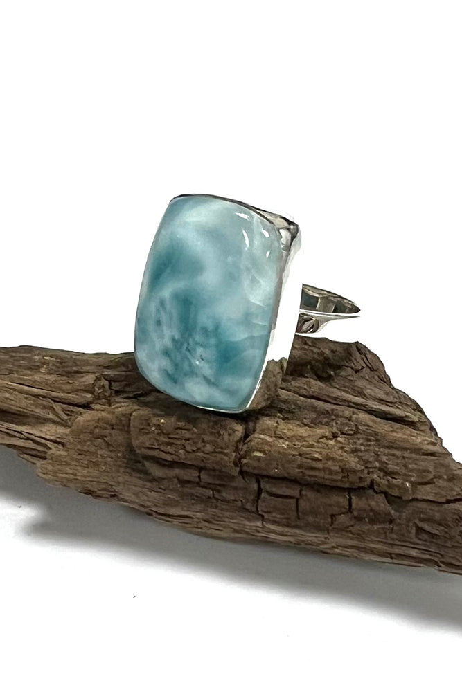 Rectangular Sterling Silver Larimar Ring (Size 8 adjustable)