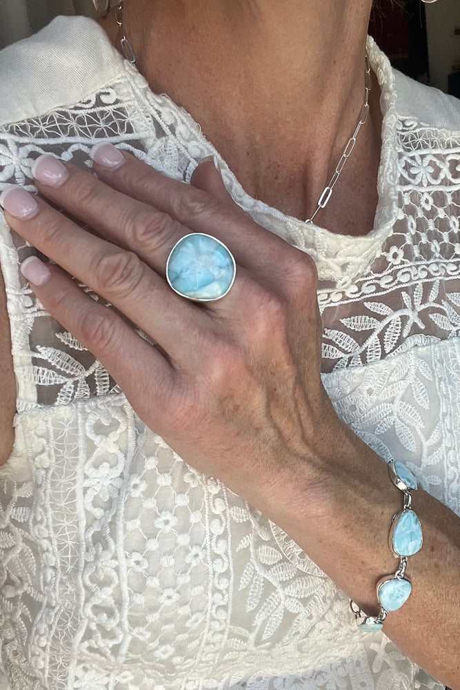 Modern Sterling Silver Larimar Ring (Size 7 1/2 adjustable)