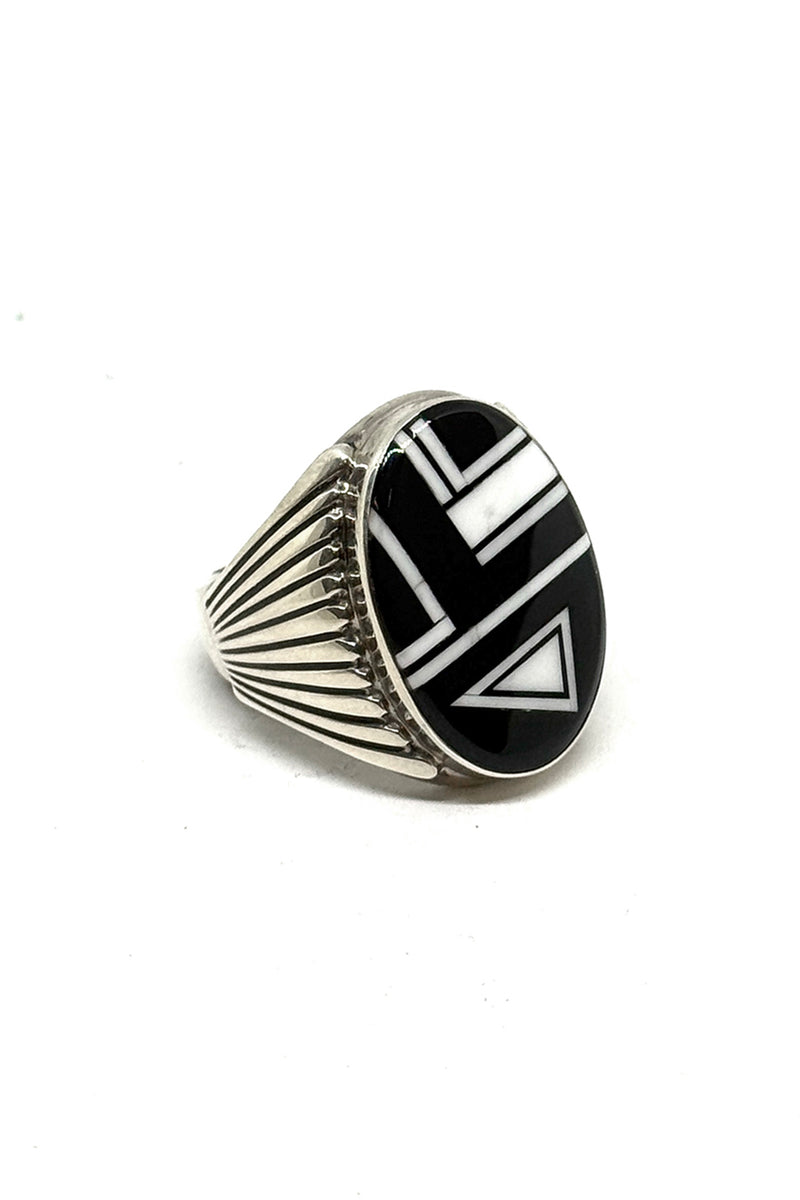 Navajo Handmade Black Onyx Geometric Inlay Ring - Sterling Silver