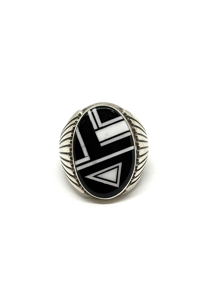 Navajo Handmade Black Onyx Geometric Inlay Ring - Sterling Silver