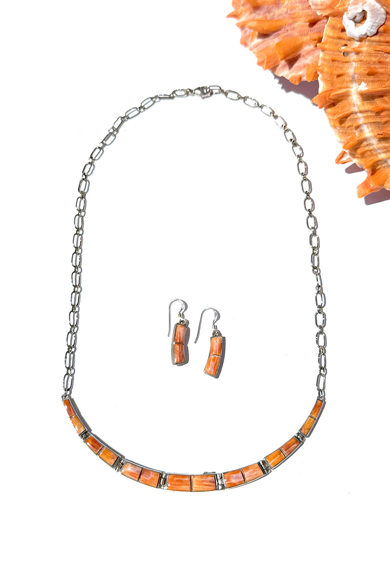 Navajo Orange Spiny Shell Necklace & Earring Set – Handmade Sterling Silver