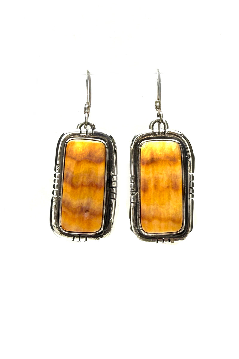 Navajo Orange Spiny Oyster Rectangular Earrings – Handmade Sterling Silver