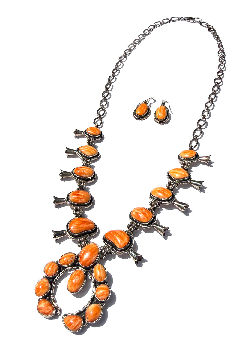 Navajo Orange Spiny Shell Squash Blossom Necklace Set – Sterling Silver