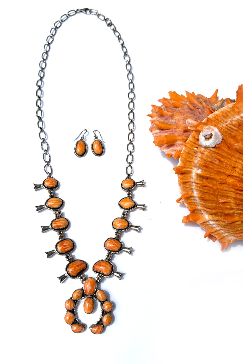 Navajo Orange Spiny Shell Squash Blossom Necklace Set – Sterling Silver