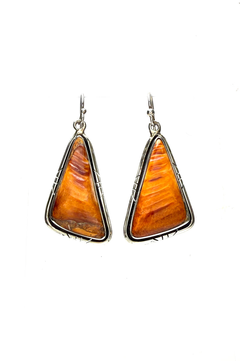 Navajo Orange Spiny Oyster Triangle Earrings – Handmade Sterling Silver