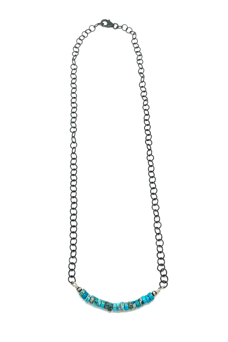 Oxidized Sterling Silver and Turquoise Heishi Necklace