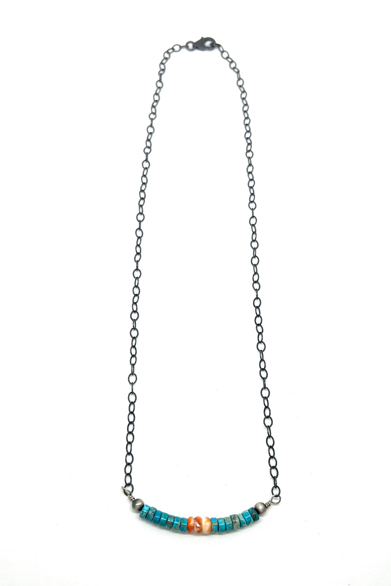 Oxidized Sterling Silver with Turquoise and Spiny Shell Heishi Necklace