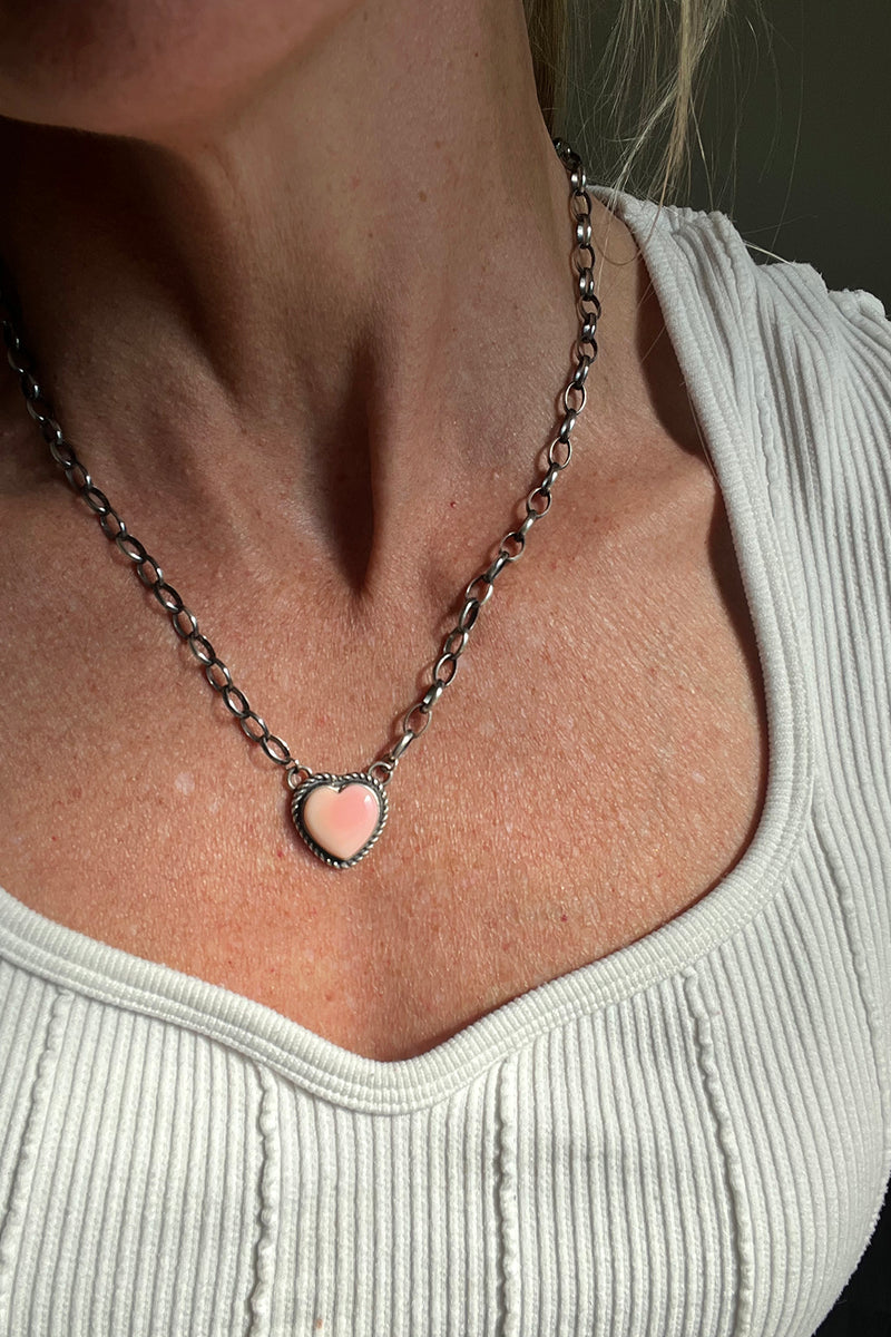 Heart Shaped Pink Conch Sterling Silver Necklace