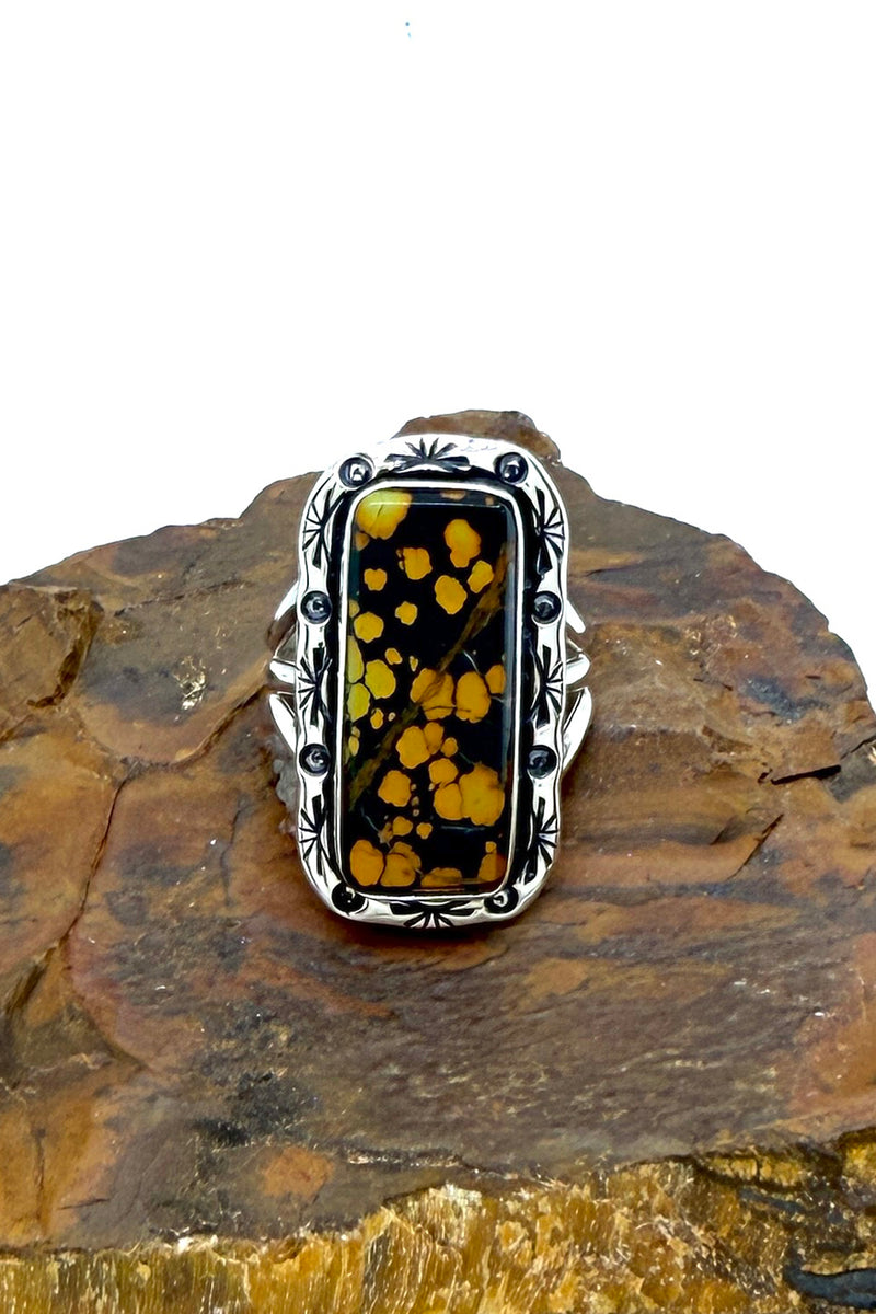 Rectangular Black Jack Turquoise Ring – Navajo Handmade Sterling Silver