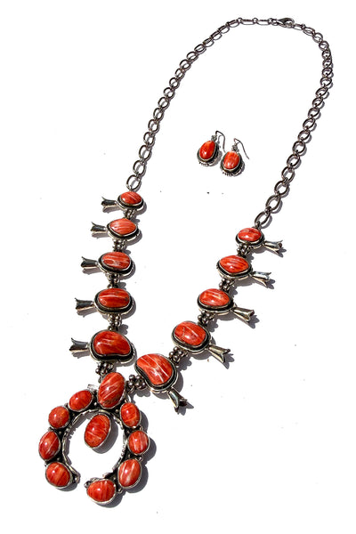 Navajo Red Spiny Oyster Squash Blossom Necklace- Sterling Silver
